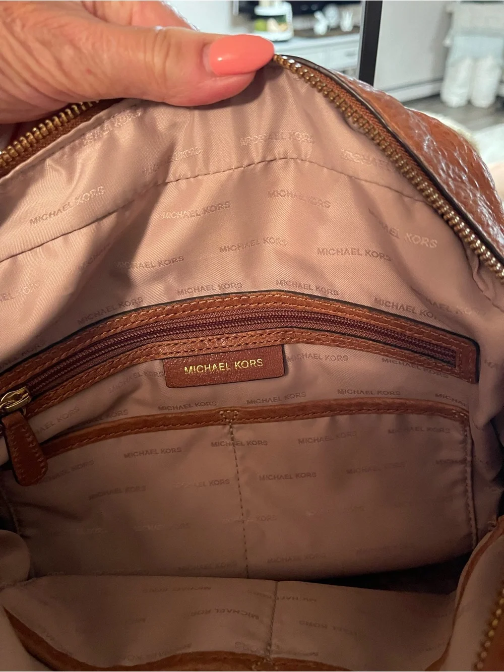 Michael Kors Cognac Leather Studded Shoulder Satchel